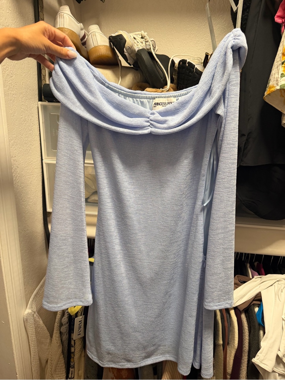 Princess Polly Pale Blue Off-Shoulder Knit Midi Dress
